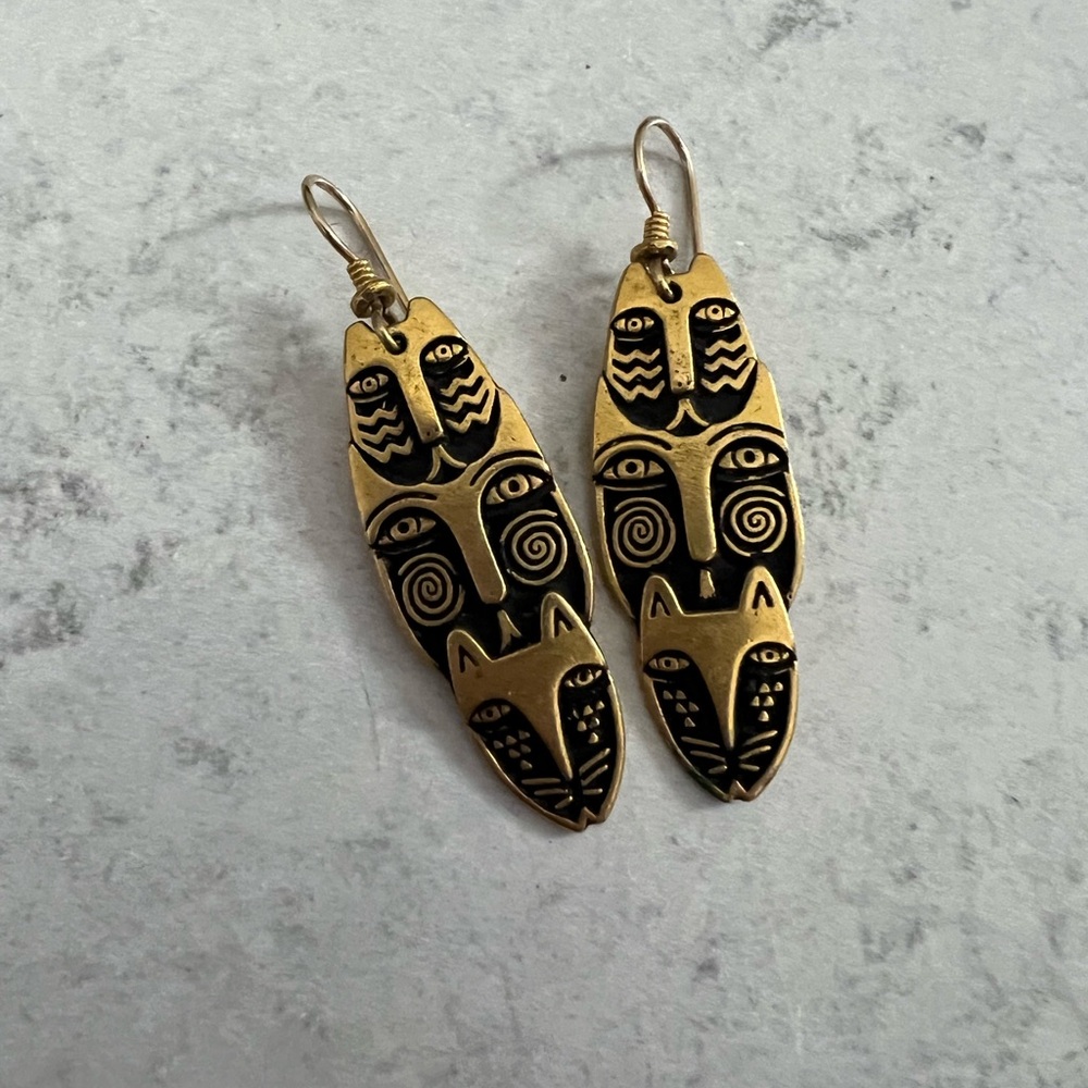 Vintage Laurel Burch Black Gold Tone Dangle Earrings Cat Masks